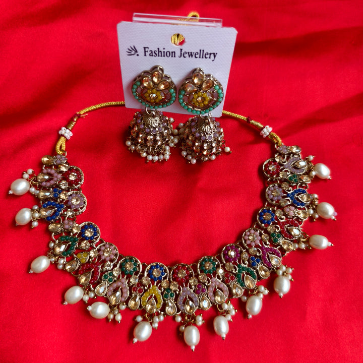 Trandy Gold and multi beads necklace set